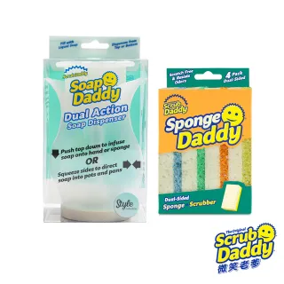 【Scrub Daddy 微笑老爹】洗碗洗鍋最佳拍檔2入組(上壓下擠洗碗精填充瓶+雙面小妹4入)