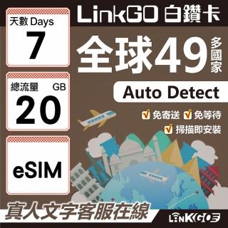 【LINKGO】白鑽卡 全球49國 eSIM卡 7天上網絡卡 總流量20GB(全球網絡卡 亞洲 歐洲 美洲 大洋洲 非洲)