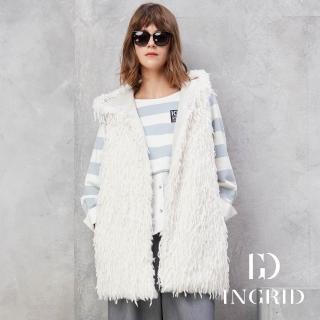 【IGD 英格麗】網路限定款-派對風時尚長毛絨中長版連帽背心(白色)