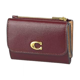 【COACH】COACH Essential古銅C字LOGO撞色小牛皮5卡按釦式卡片零錢短夾(酒紅x多色)