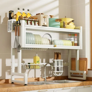 水槽置物架廚/碗架瀝水架/碗碟收納架子/碗筷收納盒(白色105全套)