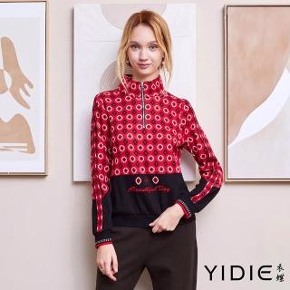【YIDIE】立領拉鍊刺繡印花上衣-紅