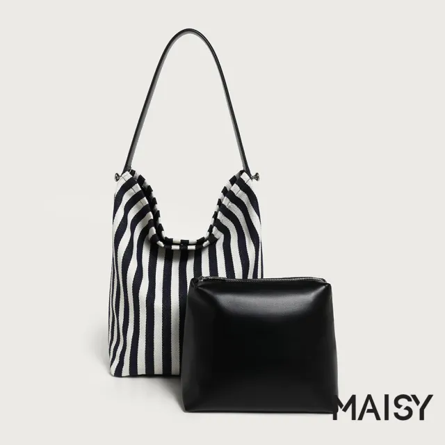 【MAISY】簡約時尚大容量帆布條紋托特子母包 單肩包 斜跨包(藍白條紋)