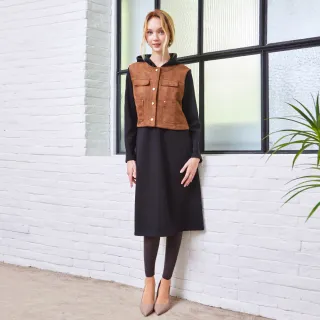 【MYVEGA 麥雪爾】MA真兩件麂皮背心連帽長洋裝-黑(素色洋裝/連身洋裝/女洋裝/長洋裝)