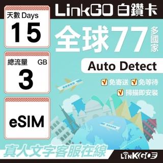 【LINKGO】白鑽卡 全球77國 eSIM卡 15天上網絡卡 總流量3GB(全球網絡卡 亞洲 歐洲 美洲 大洋洲 非洲)