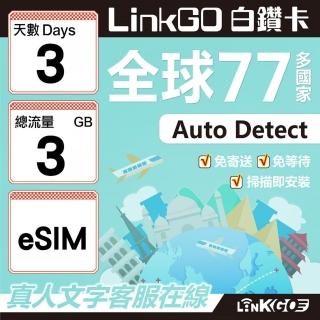 【LINKGO】白鑽卡 全球77國 eSIM卡 3天上網絡卡 總流量3GB(全球網絡卡 亞洲 歐洲 美洲 大洋洲 非洲)