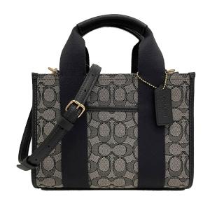 【COACH】C LOGO織布拼接牛皮手提斜背兩用小琴譜方包(深藍)