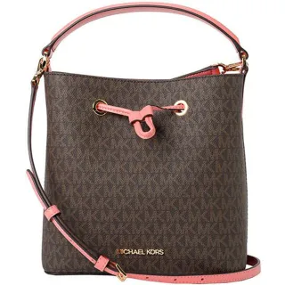【Michael Kors】SURI葡萄柚粉X深咖啡PVC中款手提斜背水桶包