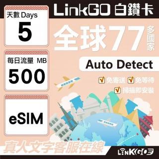 【LINKGO】白鑽卡 全球77國 eSIM卡 5天上網絡卡 每日500MB(全球網絡卡 亞洲 歐洲 美洲 大洋洲 非洲)