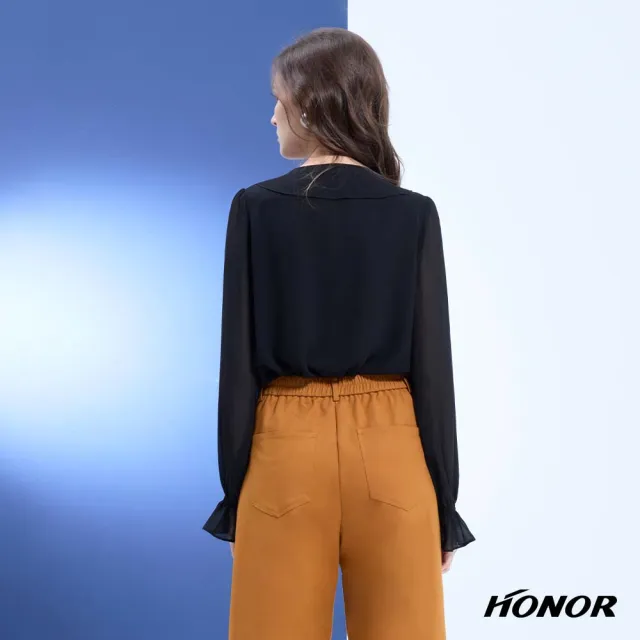 【HONOR 山形屋】出清品 優雅荷葉花邊玫瑰透膚袖雪紡上衣-黑/黃(限定出清)