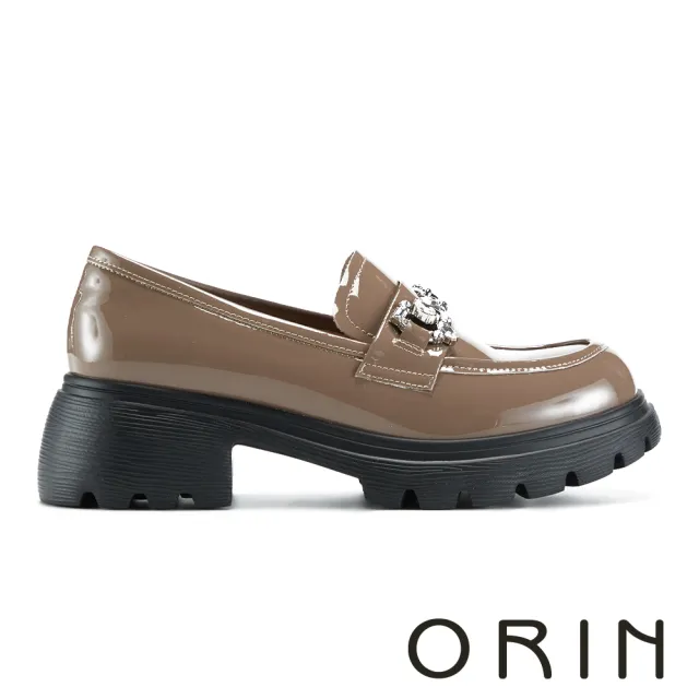 【ORIN】牛漆皮水鑽釦飾厚底樂福鞋(咖啡)