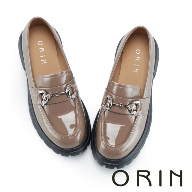【ORIN】牛漆皮水鑽釦飾厚底樂福鞋(咖啡)