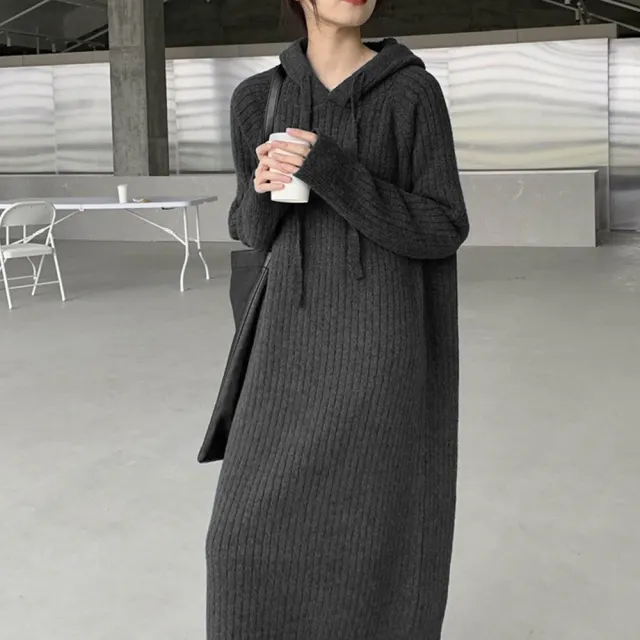 【D.studio】韓版寬鬆長版針織上衣(洋裝連身裙連衣裙上衣套裝長袖上衣 冬天女裝長裙裙子連帽上衣S162)