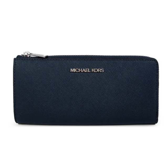 【Michael Kors】銀字LOGO防刮皮革L型拉鍊長夾(深藍色)