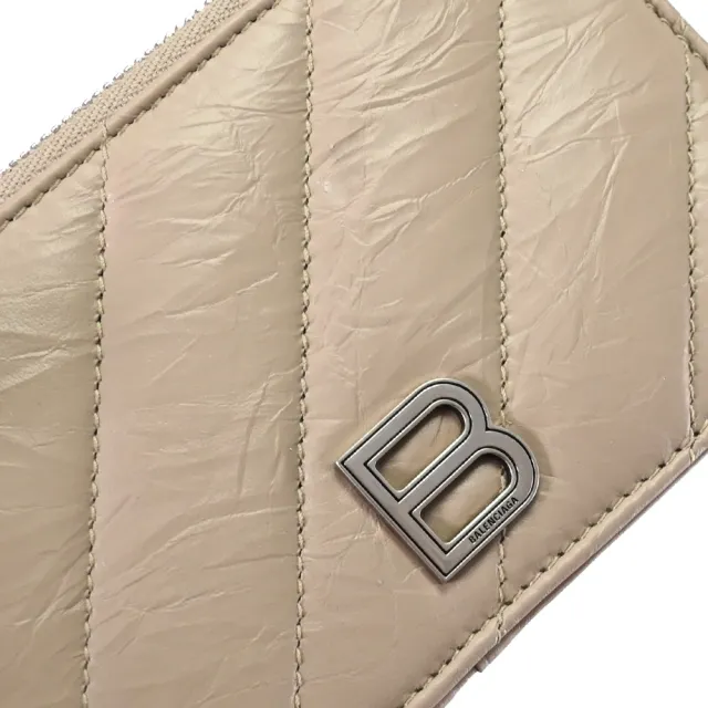 【Balenciaga 巴黎世家】品牌B字LOGO揉製牛皮信用卡證件名片零錢卡包(褐)