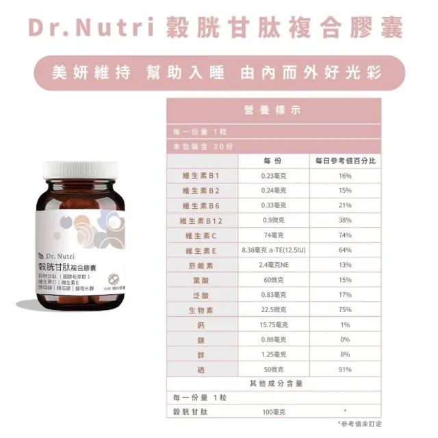 【Dr.Nutri 芯漾生醫】穀胱甘肽複合膠囊 ｜30粒｜瓶裝(搭配酵母鋅酵母硒｜酵母B群｜維生素B、E)