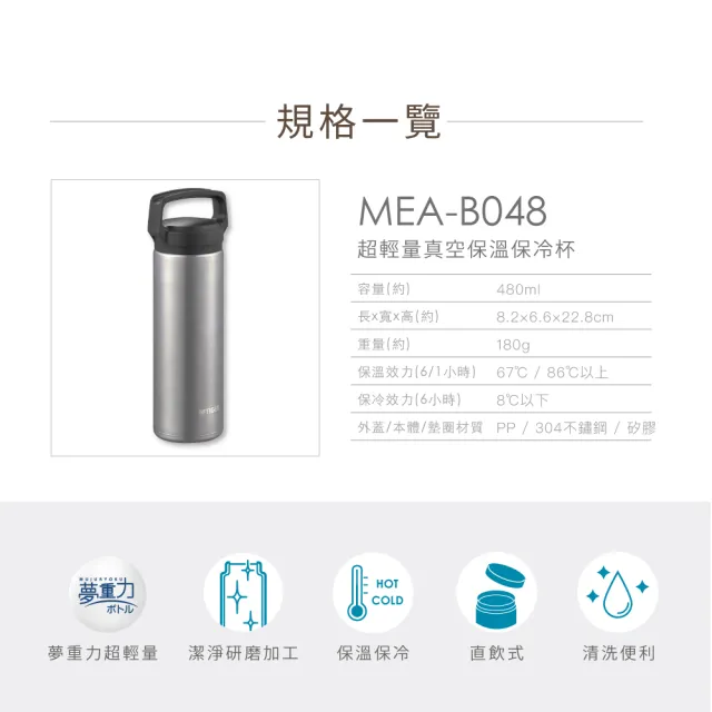 【TIGER 虎牌】旋蓋雙層不鏽鋼保溫瓶 480ml(MEA-B048 輕量手提真空保溫杯)