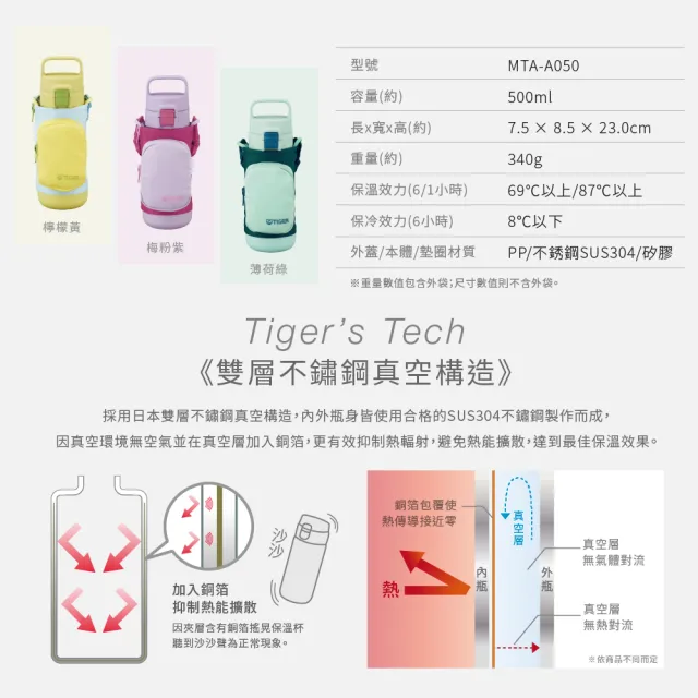【TIGER 虎牌】彈蓋雙層不鏽鋼保溫瓶 500ml(MTA-A050手提保溫杯)