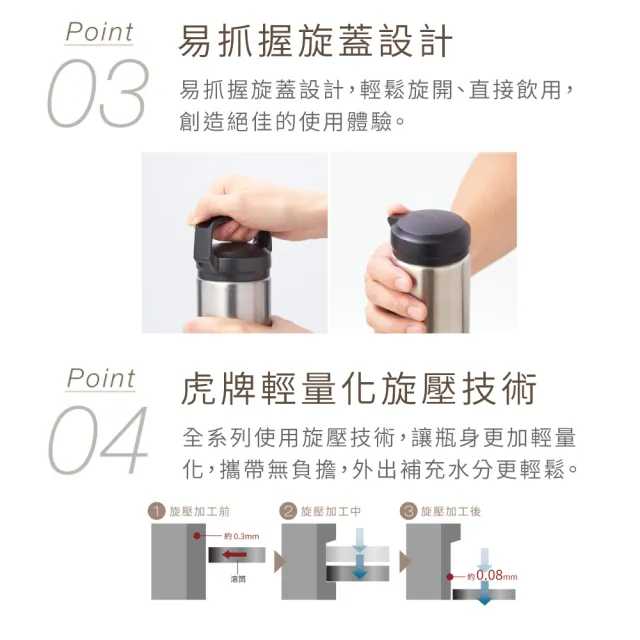 【TIGER 虎牌】買1送1 旋蓋雙層不鏽鋼保溫瓶 480ml(MEA-A048輕量手提保溫杯MEA-B048)