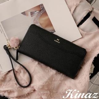 【KINAZ】金絲蝴蝶結毛球腕帶牛皮ㄇ型拉鍊長夾-夜語黑-芭蕾絮語系列