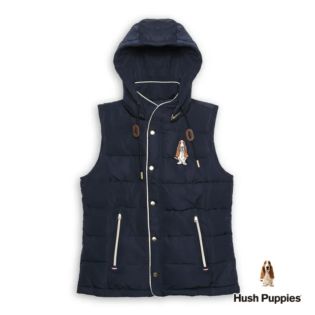 【Hush Puppies】女裝 背心 簡約素色帽可拆刺繡狗羽絨背心(丈青 / 54217102)