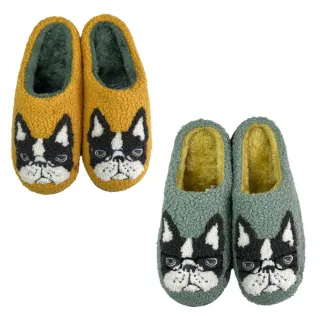 【Kusuguru Japan】日本眼鏡貓 拖鞋 相良刺繡絨毛保暖蓬軟觸感 橡膠止滑鞋底室內拖鞋 -鬥牛犬款