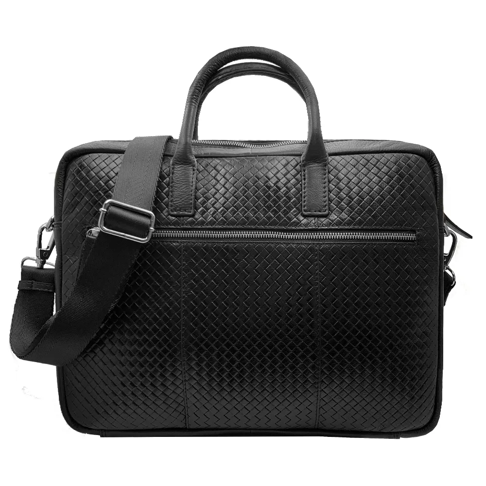 【CROSS】直播限定 限量1折 頂級小牛皮編織紋手柄拉鍊手提/斜背公事包 全新專櫃展示品(14吋 黑色)