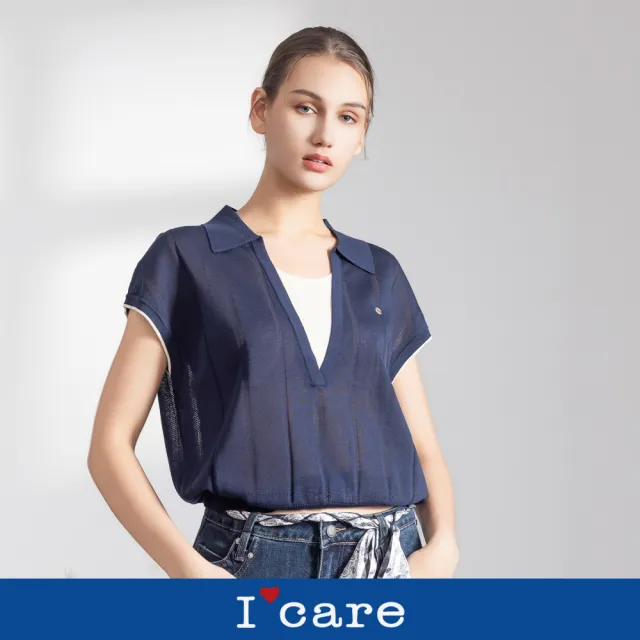 【I’Care 依卡】現貨-小V翻領 針織感假兩件上衣 - 2色（F）｜女休閒上衣 針織上衣 短袖上衣(707-12001)