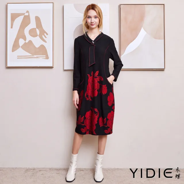 【YIDIE】造型領結玫瑰長洋裝-黑