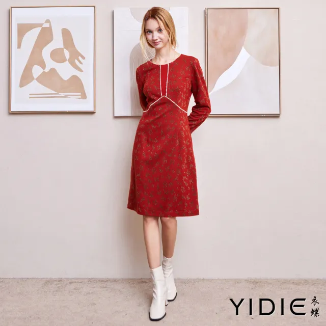 【YIDIE】金蔥花朵圖案長洋裝-桔紅