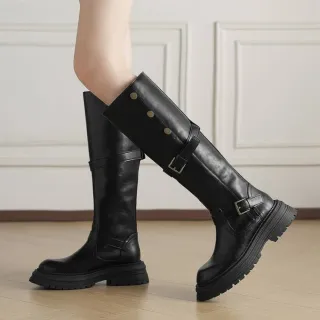 【WYPEX】現貨+預購 個性圓頭皮帶扣真皮長靴厚底女鞋(2色)