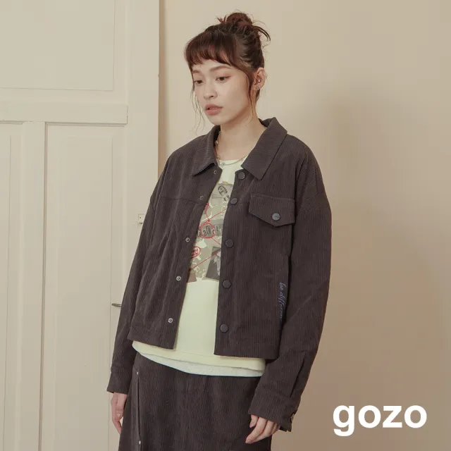 【gozo】燈芯絨口袋配色刺繡襯衫領外套(兩色)