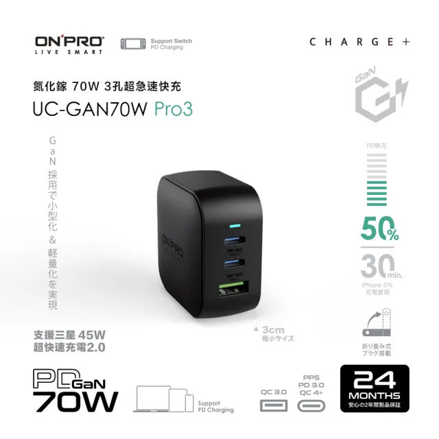 【ONPRO】UC-GAN70W 氮化鎵GaN 70W 3孔PD快充充電器(Pro3版)