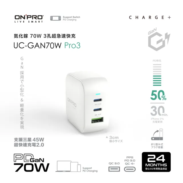 【ONPRO】UC-GAN70W 氮化鎵GaN 70W 3孔PD快充充電器(Pro3版)
