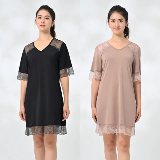 【御絹坊】拼接蕾絲石墨烯蠶絲睡衣洋裝