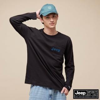 【JEEP】男裝 品牌LOGO印花純棉口袋長袖T恤(黑色)