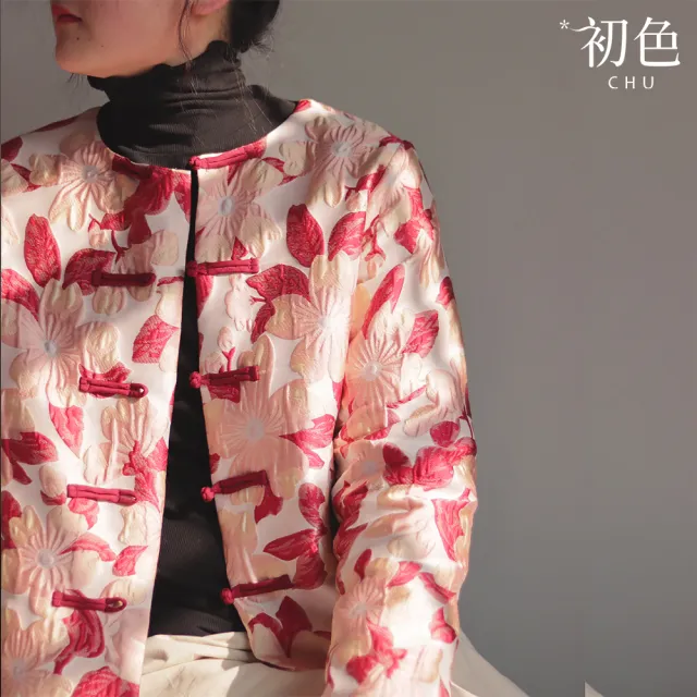 【初色】新中式短款加厚保暖緹花滿版印花單排盤扣圓領長袖棉服外套女外套-花色-16428(M-2XL可選)