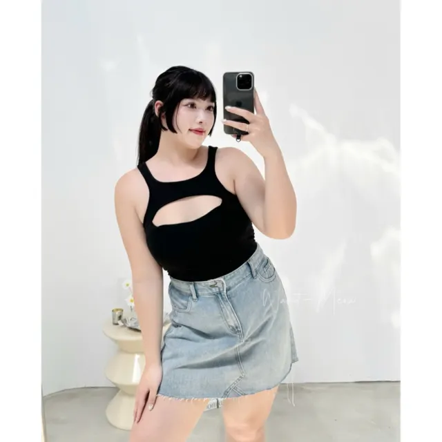 【Want-Meow】90公斤可/免穿內衣!削肩對稱前割bra T/braT恤(大尺碼/加大碼/bra T恤/bra T-Shirt)