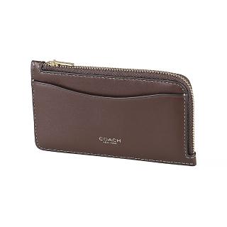 【COACH】COACH New York燙印金字LOGO小牛皮5卡拉鍊卡夾零錢包(楓木褐)