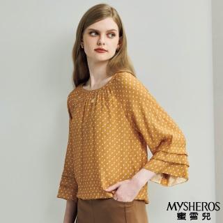 【MYSHEROS 蜜雪兒】嫘縈混紡造型上衣 滿版復古點點設計 層次寬鬆喇叭袖 抓皺圓領(土黃)