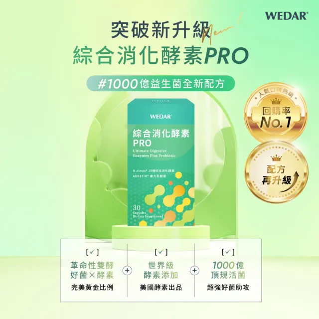 【Wedar 薇達】綜合消化酵素PRO 3盒組(30顆/盒.美國大廠N.zimes19種消化酵素.頂級益生菌)