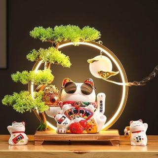 【Loha 樂活家】招財貓擺飾 崖柏金色燈圈 倒流香擺件(香爐 LED燈圈 實木底座 陶瓷招財貓 招財擺飾)