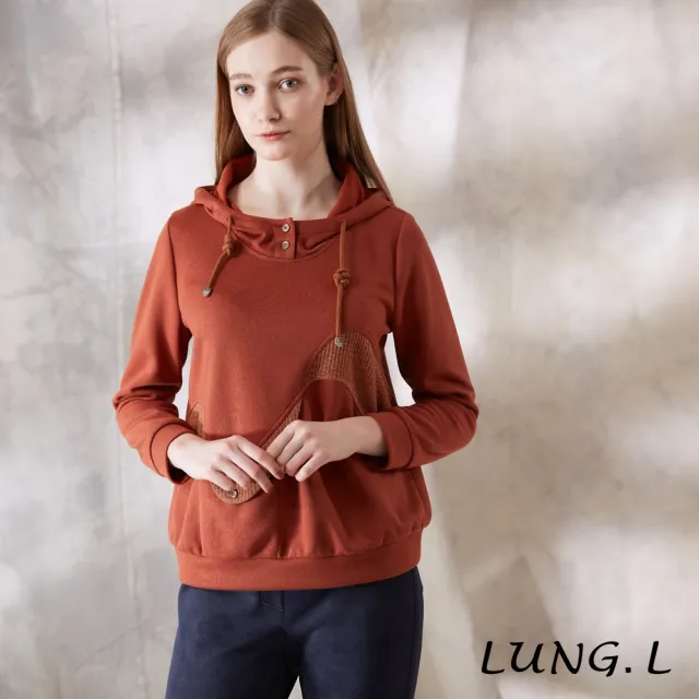 【LUNG.L 林佳樺】LU07A 焦糖橘異素材拼接長袖連帽女裝上(秋冬新品)