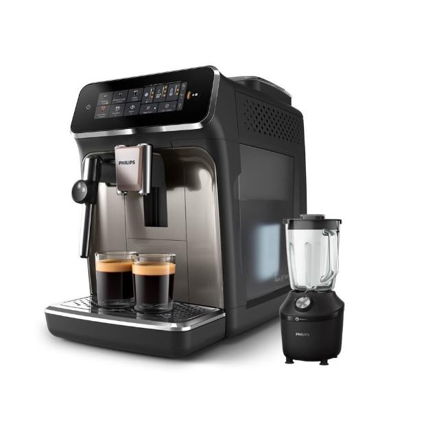 【Philips 飛利浦】雙溫萃取全自動義式咖啡機 經典銀(EP3326/94)+秒碎冰沙果汁機 黑(HR229101)