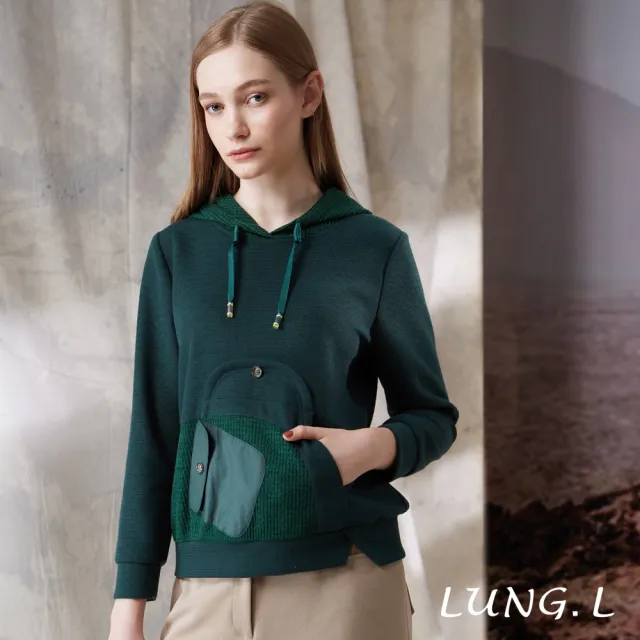【LUNG.L 林佳樺】LU14A 綠色異素材拼接造型口袋長袖連帽女裝上衣(秋冬新品)