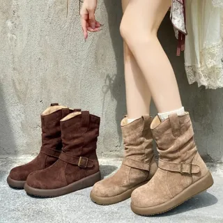 【baibeauty 白鳥麗子】率性V口絨布抓皺一字帶厚底短靴(圓頭靴)