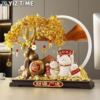 【YIZ TIME】發財樹流沙畫招財貓擺件 裝飾品(喬遷裝飾品 醒獅開業招財)
