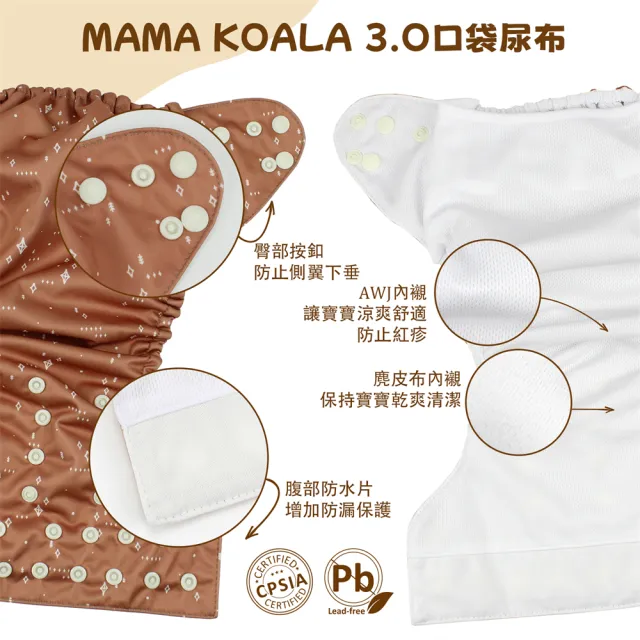 【Mama Koala】口袋式布尿布3.0六件組成長型(嬰兒布尿褲可調節 內附4層竹纖維尿墊)