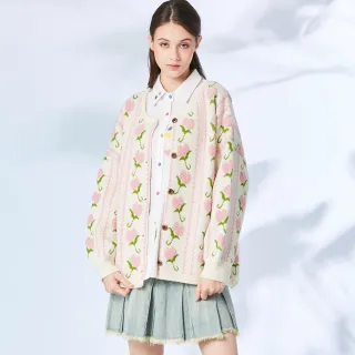 【GLORY21】網路限定款-etc.粉彩玫瑰花刺繡寬版針織外套(米白色)