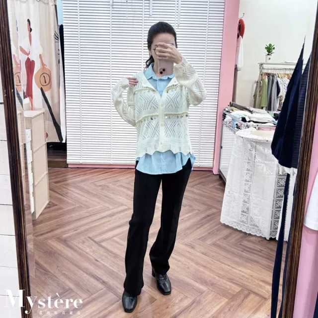【my stere 我的時尚秘境】雙11 鏤空菱格開襟針織外套 四色可選(粗針織上衣 貝殼裝飾 設計針織